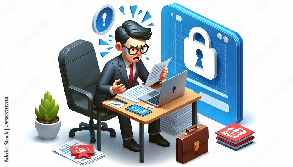 3d Flat icon as Senior manager looking at a cybersecurity breach report appearing devastated concept as A senior manager in a suit looking at a cybersecurity breach report on his desk appearing devast 3d Flat icon as Senior manager looking at a cybersecurity breach report appearing devastated concept as A senior manager in a suit looking at a cybersecurity breach report on his desk appearing devast