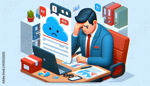 3d Flat icon as Senior manager looking at a cybersecurity breach report appearing devastated concept as A senior manager in a suit looking at a cybersecurity breach report on his desk appearing devast photo