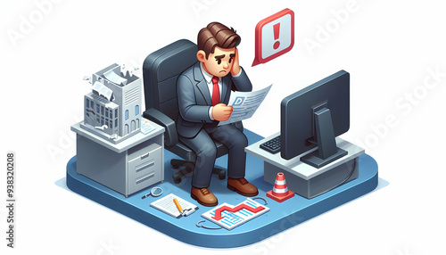 3d Flat icon as Senior manager looking at a cybersecurity breach report appearing devastated concept as A senior manager in a suit looking at a cybersecurity breach report on his desk appearing devast photo