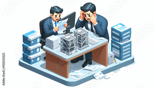 3d Flat icon as Senior manager looking at a cybersecurity breach report appearing devastated concept as A senior manager in a suit looking at a cybersecurity breach report on his desk appearing devast photo