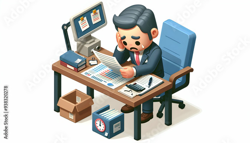 3d Flat icon as Senior manager looking at a cybersecurity breach report appearing devastated concept as A senior manager in a suit looking at a cybersecurity breach report on his desk appearing devast photo