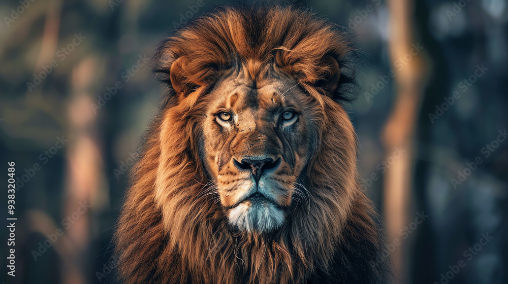 Fototapeta premium A large lion, with a thick mane, looking directly at the viewer