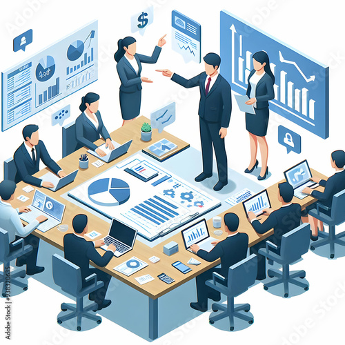 3d Flat vector as CFO leading a financial review meeting concept as A vector illustration of a CFO leading a financial review meeting with financial reports and charts emphasizing leadership and strat