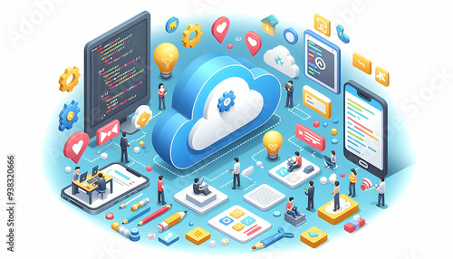 3d Flat vector as Cloud based application development with coding symbols concept as Vector illustration of cloud based application development featuring coding symbols and tools highlighting the effi photo