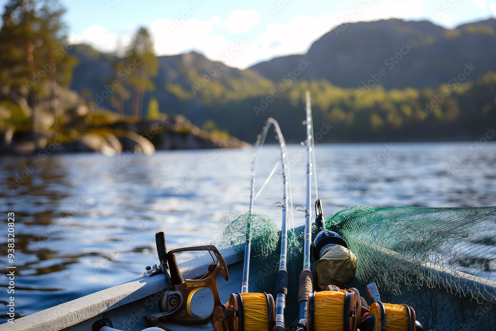 Close-up of fishing tackle on a boat: rods, reels, baits, and a net, with a serene lake in the background. Close-up of fishing tackle on a boat: rods, reels, baits, and a net, with a serene lake in the background.