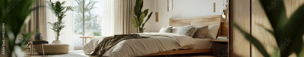 Bright and serene bedroom with plants and natural light in the morning Bright and serene bedroom with plants and natural light in the morning