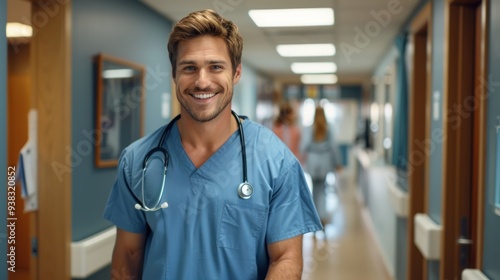 A young doctor in a blue coat walks down the hospital corridor, smiles and looks at the camera.