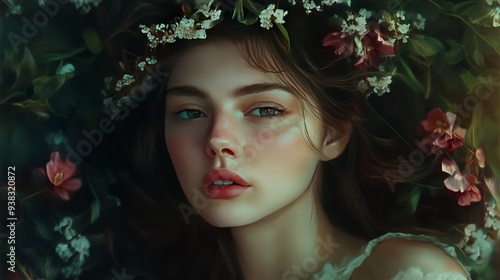 A woman with green eyes looks directly at the camera while wearing a flower crown, surrounded by lush greenery.