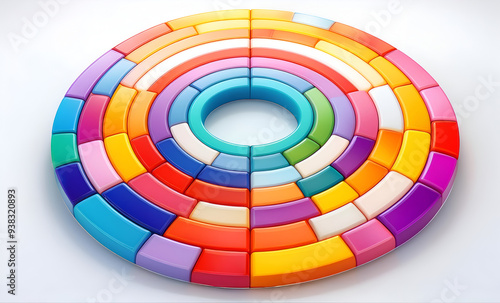 Colorful circular puzzle made of interlocking pieces in a vibrant circular pattern on a light background