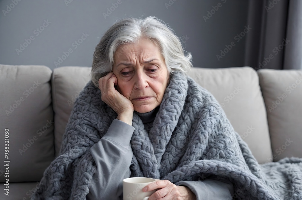 An elderly woman is sitting on the couch and suffering from depression and loneliness. An elderly woman is sitting on the couch and suffering from depression and loneliness.