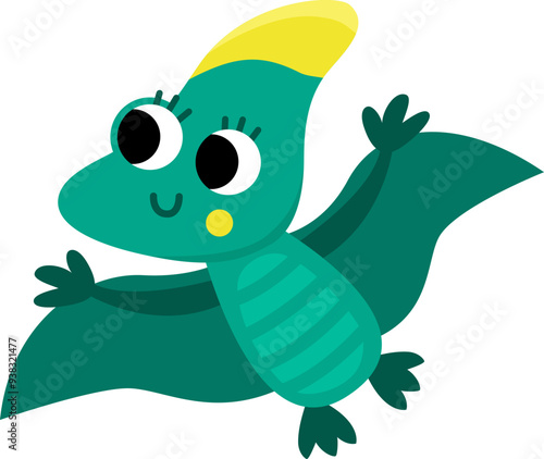 Vector baby pterodactyl icon. Cute little dinosaur with wings illustration for kids. Funny dino kid clipart for children isolated on white. Cartoon prehistoric animal picture. Flying green pterosaur
