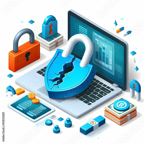 3d Flat vector as Data breach icon with a broken lock and shield concept as Vector illustration of a data breach icon with a broken lock and shield emphasizing the consequences of data breaches in cyb photo