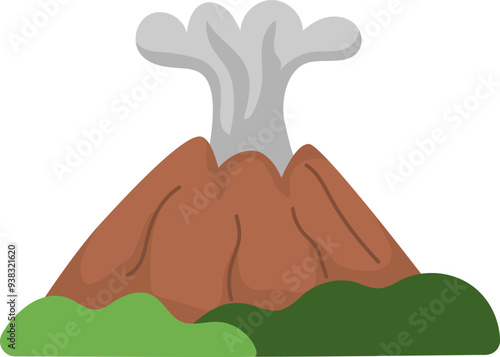 Vector erupting or exploding volcano mountains with smoke illustration. Rocks icon isolated on white background. Prehistoric nature scenery picture. Dinosaur land element