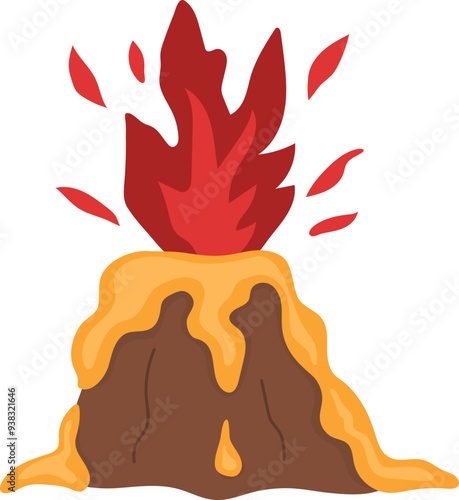 Vector erupting or exploding volcano mountains with lava and fire illustration. Rocks icon isolated on white background. Prehistoric nature scenery picture. Dinosaur land element