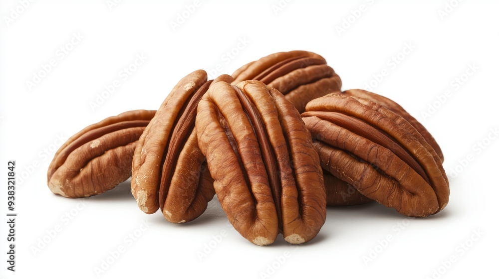 Close-up of pecan nuts on a white background. Close-up of pecan nuts on a white background.