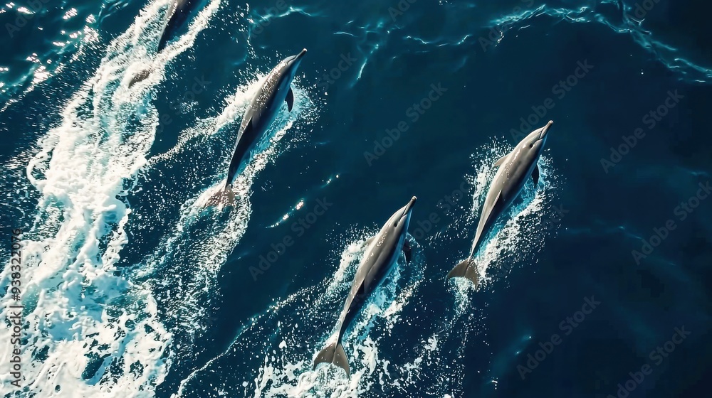 Obraz premium Aerial view of a pod of dolphins leaping through ocean waves, their sleek bodies creating splashes and ripples in the deep blue water.