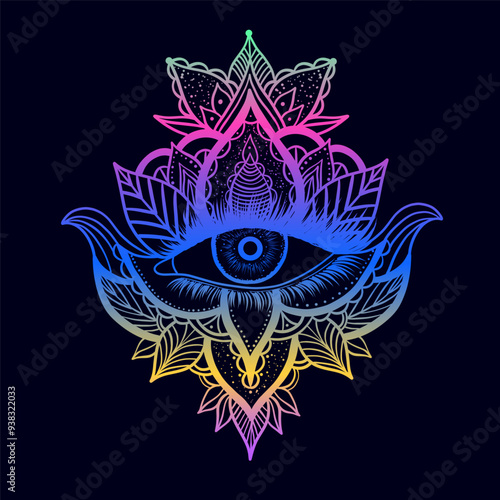 All seeing eye in doodle style on black background.Mystical eye.Gradient colors.
