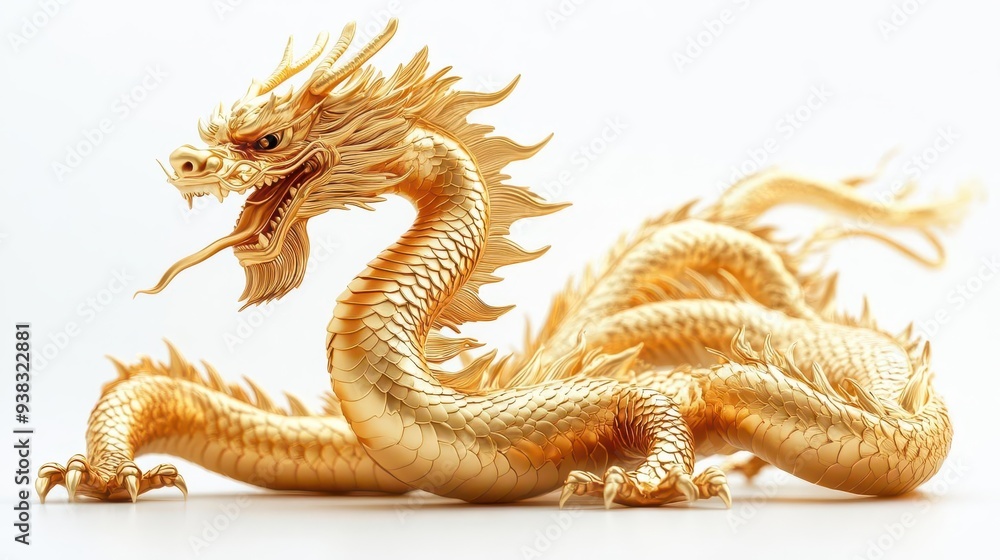 Obraz premium majestic golden chinese dragon coiled gracefully intricate scales and whiskers shine against white background symbol of power and prosperity
