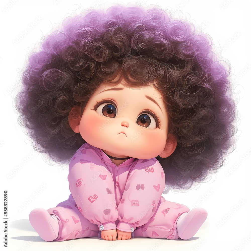 Fototapeta premium Cute 3D illustration of a baby girl with large curly purple afro hair wearing pink pajamas sitting against a white background.