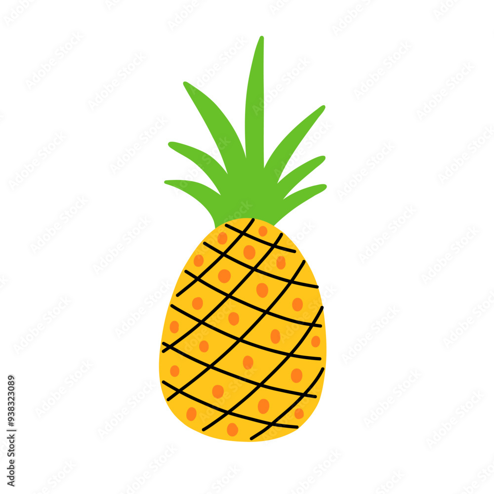 Pineapple cartoon with green leaves and yellow body.