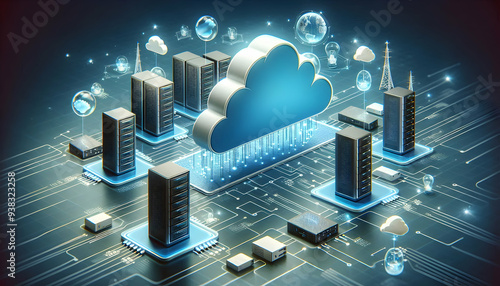 Photo realistic as Cloud computing infrastructure with data centers and servers concept as Vector illustration of cloud computing infrastructure showing data centers and servers interconnected in a ne