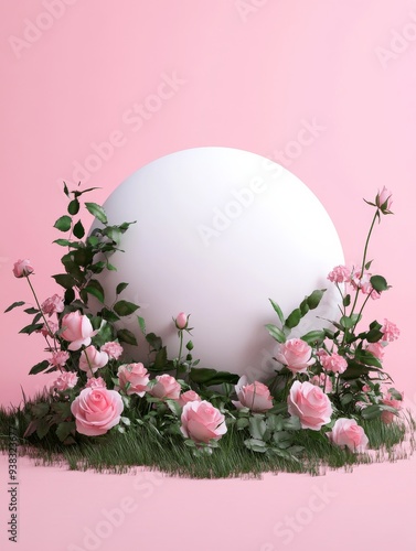 A surreal artistic composition featuring a large white orb encircled by pink flowers and greenery, set against a light pink background creating a dreamy effect. photo