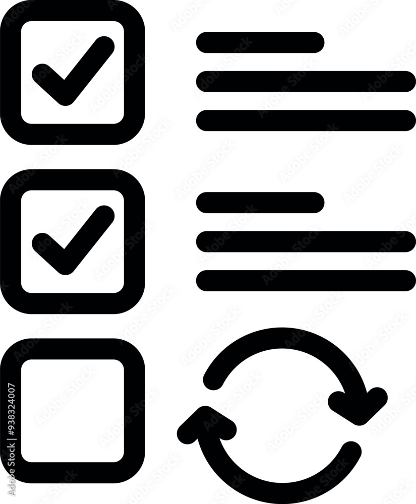 Black check marks and reload arrows are showing concept of approving and updating Black check marks and reload arrows are showing concept of approving and updating