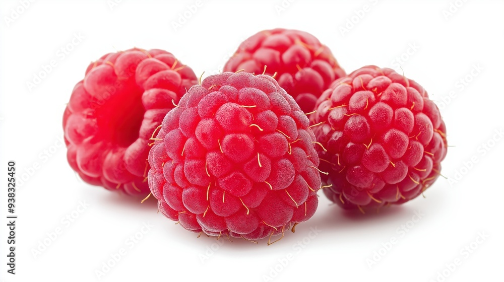 Four ripe red raspberries isolated on a white background. Four ripe red raspberries isolated on a white background.
