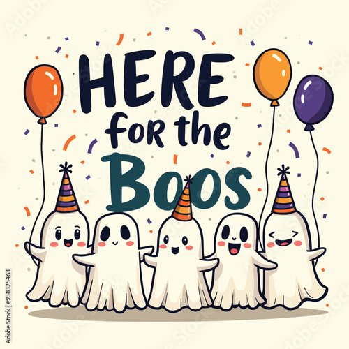 Hand-Drawn Whimsical Here for the Boos Halloween T-shirt Design with Friendly Ghosts and Party Elements, Pastel Color Palette