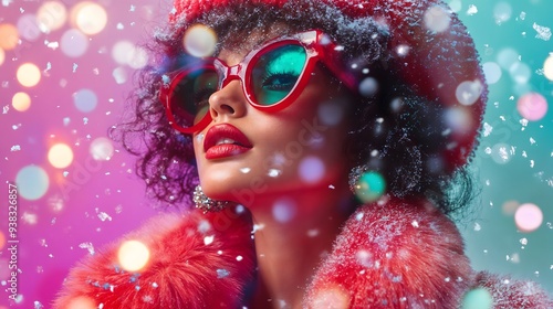 Winter Glamour Woman in Red Coat and Sunglasses with Snowfall. Christmas New Year Sale Banner. Shopping. 