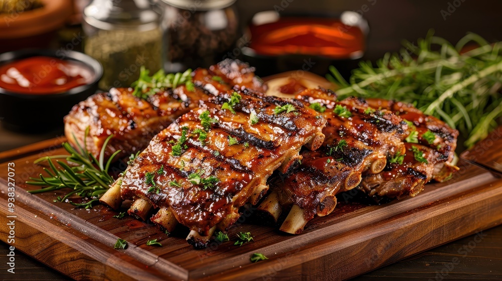 Grilled and smoked ribs with barbeque sauce on a carving board Grilled and smoked ribs with barbeque sauce on a carving board