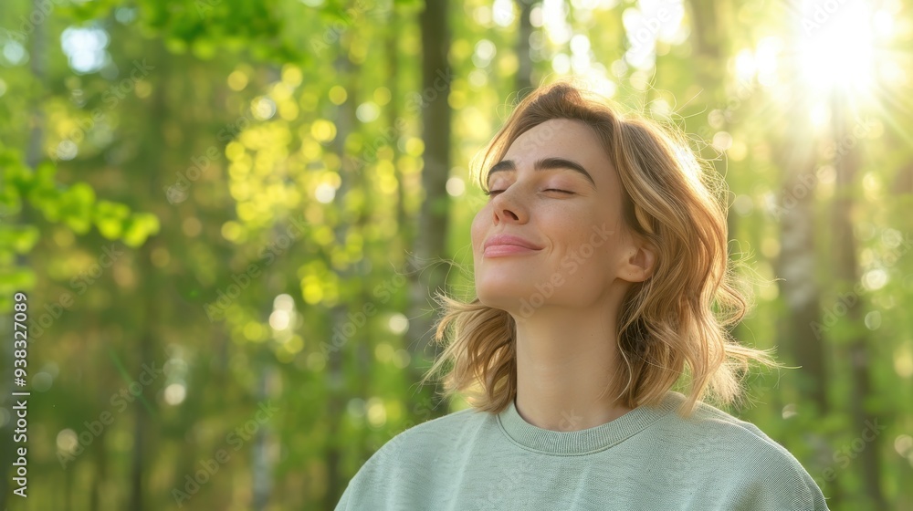 Relaxed woman breathing fresh air in a green forest Relaxed woman breathing fresh air in a green forest