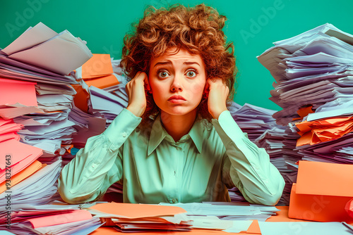 Femme surchargée de travail au bureau photo