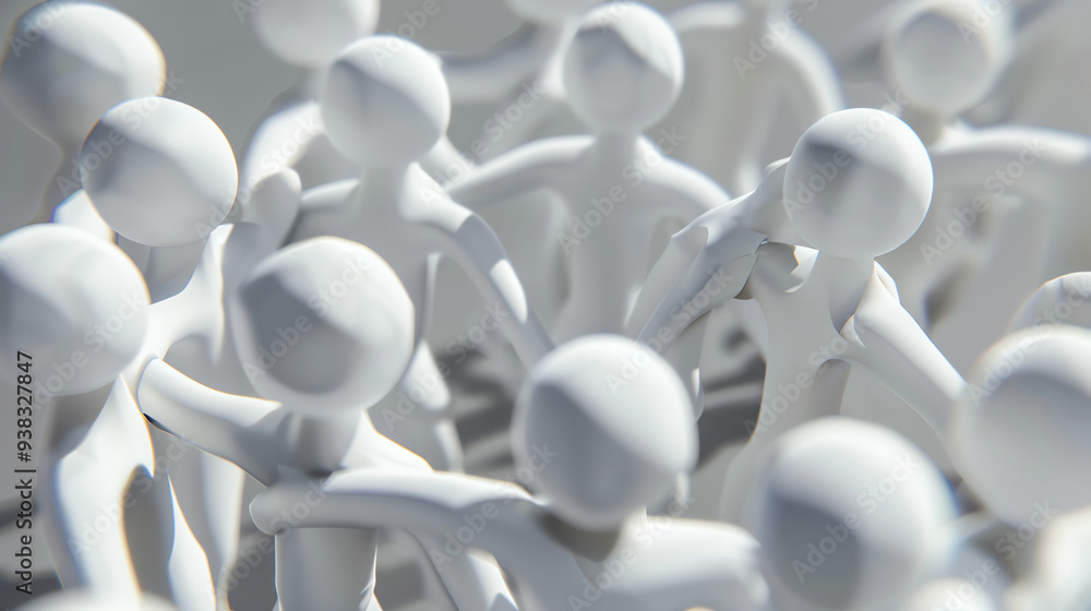 Many small, white, human-like figures are close together, touching.
Many small, white, human-like figures are close together, touching.