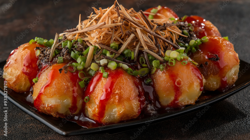 Close up of Takoyaki balls drizzled with sauce and topped with green onions and crispy noodles. Close up of Takoyaki balls drizzled with sauce and topped with green onions and crispy noodles.