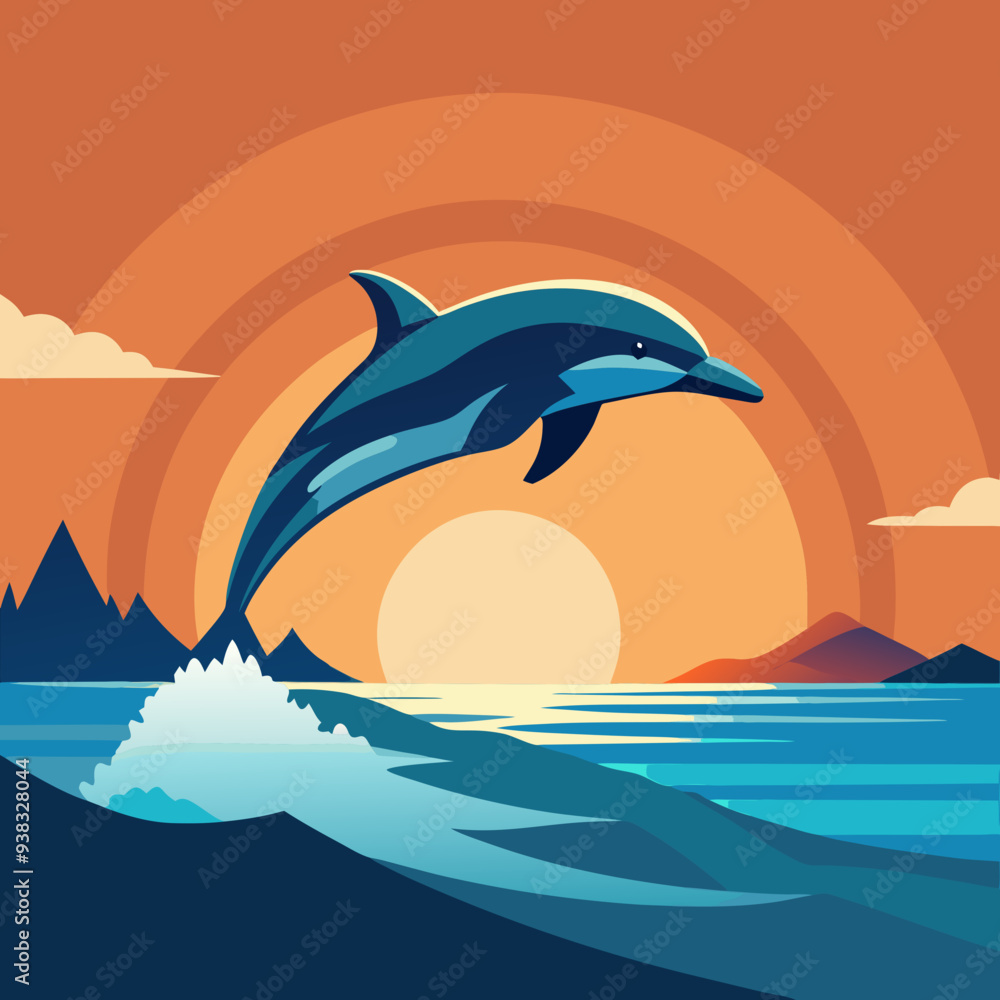 Fototapeta premium Playful Dolphins Leaping Over Waves with a Sunny Coastal Vibe art vector illustration