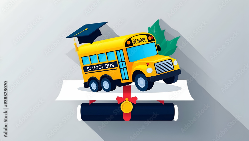 Naklejka premium 3d Flat icon as School Bus with Graduation Cap and Diploma concept as A school bus with a graduation cap and a diploma set against a dreamy background offering ample space for text or graphics symboli