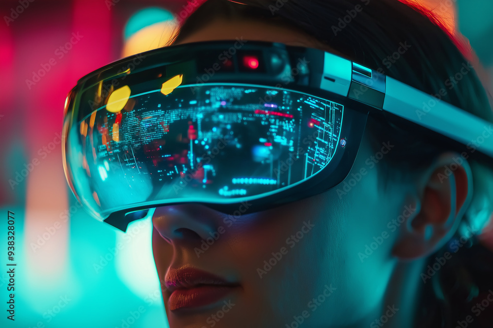 A close-up of a woman wearing futuristic glasses displaying blue and red digital information. A close-up of a woman wearing futuristic glasses displaying blue and red digital information.