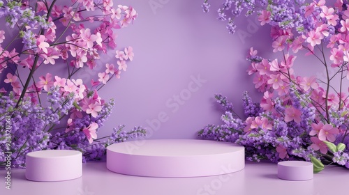 Violet podium display with flower backdrop, illustration pastel