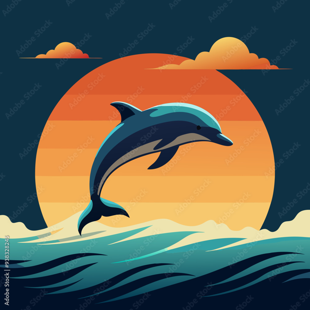 Obraz premium Playful Dolphins Leaping Over Waves with a Sunny Coastal Vibe art vector illustration