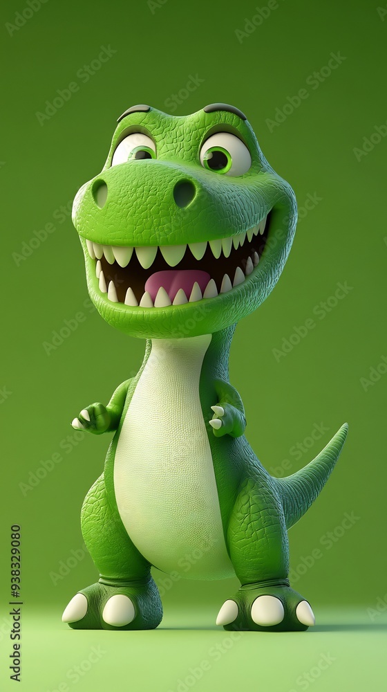 Fototapeta premium Green Cartoon Dinosaur With Open Mouth Smiling
