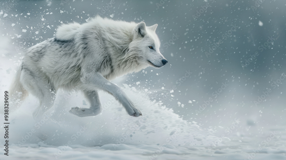Obraz premium An arctic wolf leaping across snowy terrain, its powerful muscles visible through its thick coat, snowflakes scatter in the air as the wolf moves