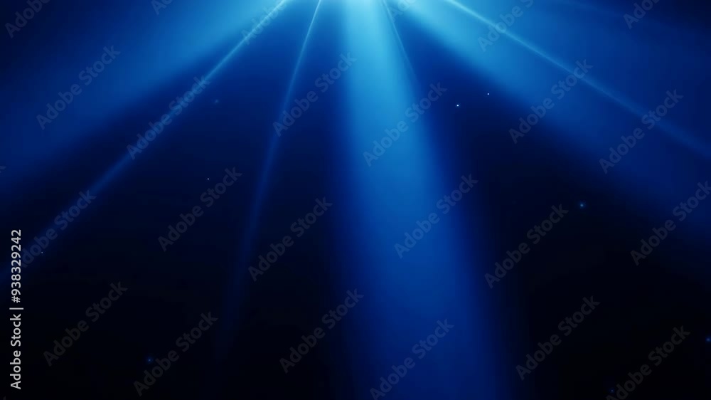 Blue light beams on black background. Bright optical lens flares effect. Spotlight rays abstract animation. Dynamic video footage. Atmospheric lighting