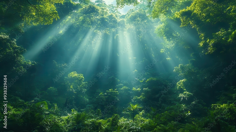 Fototapeta premium misty rainforest canopy stretching to the horizon sunbeams piercing through layers of verdant foliage ancient trees stand tall symbolizing natures resilience and the urgency of conservation