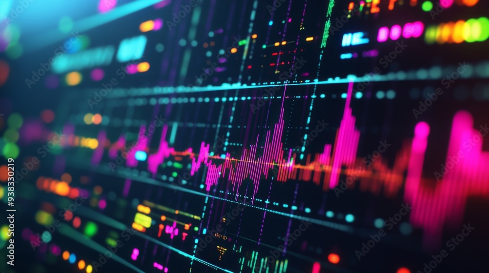 Close-up of a digital oscilloscope screen displaying vibrant electrical waveforms and signal patterns Close-up of a digital oscilloscope screen displaying vibrant electrical waveforms and signal patterns