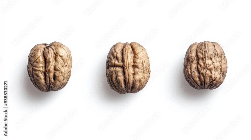 Three walnuts in a row on a white background. Three walnuts in a row on a white background.