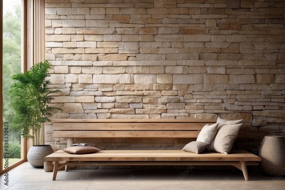 Wooden rustic bench near the wild stone cladding wall facing the window. Farmhouse interior design from modern home entrance Wooden rustic bench near the wild stone cladding wall facing the window. Farmhouse interior design from modern home entrance