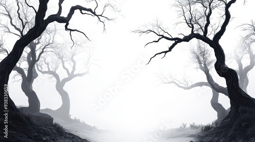 Eerie Haunted Forest with Twisted Trees Isolated on White Background