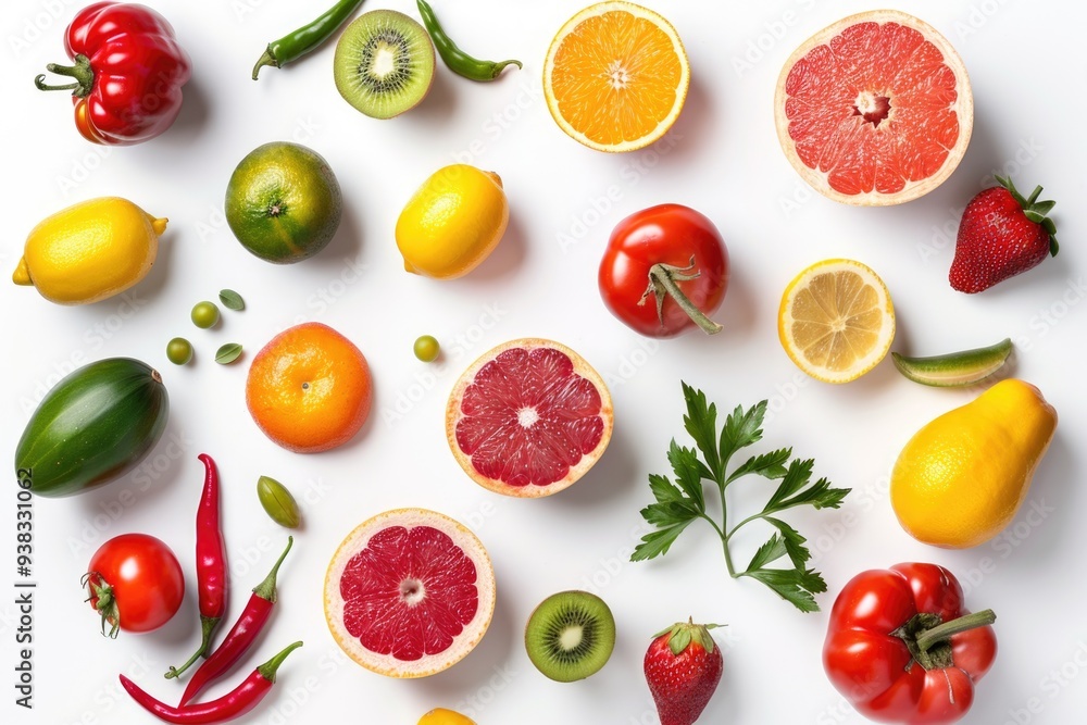 A variety of fruits and vegetables arranged on a white surface A variety of fruits and vegetables arranged on a white surface