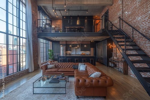 Modern industrial living room with exposed brick and sleek design elements in an urban loft setting photo